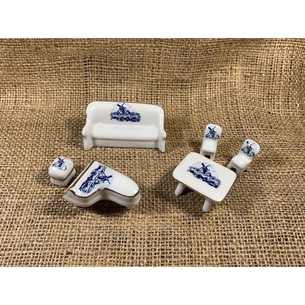 Porcelain Dollhouse Furniture 6 Piece Miniature Vintage Japan Windmill Scene